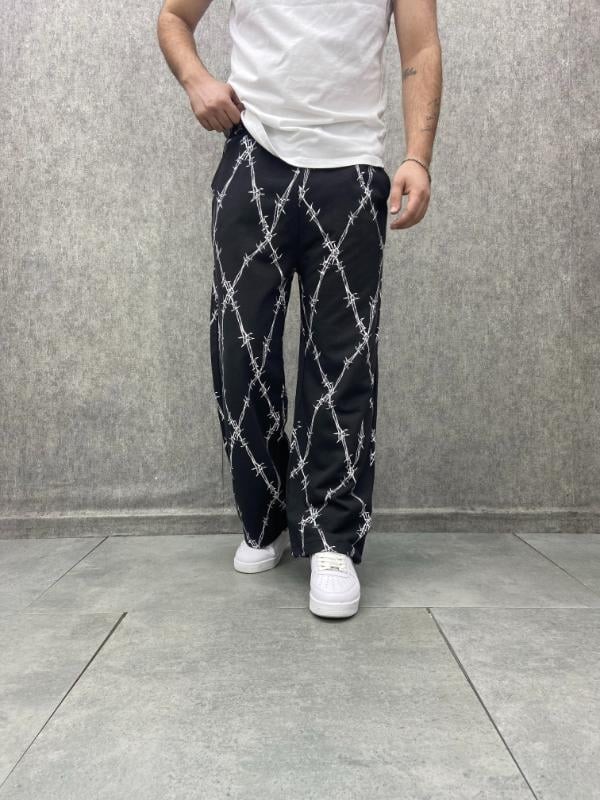 Beli Lastikli Stoperli Boru Paça Siyah  Desenli  Baggy Pantolon