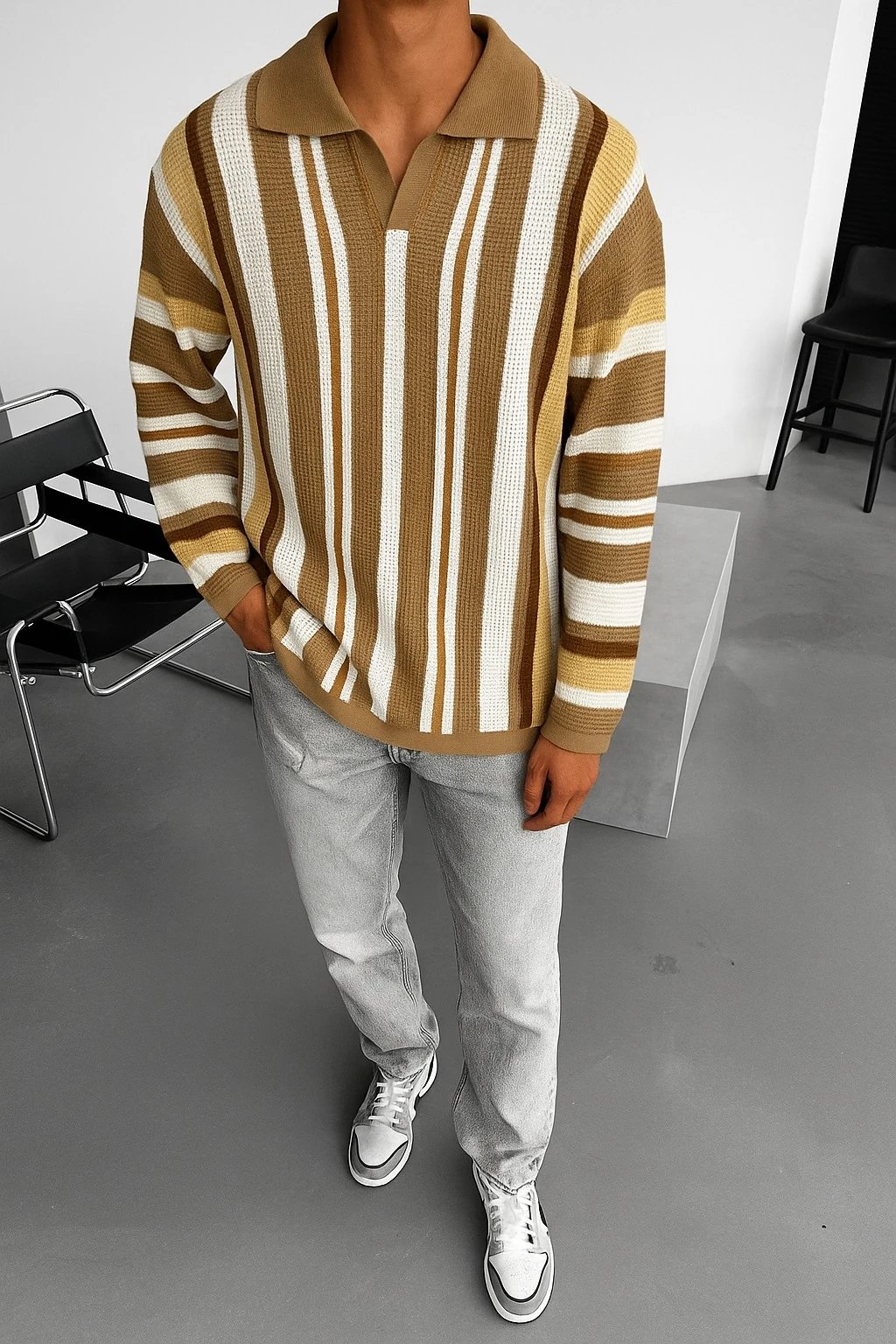 Oversize Long Çizgili Triko