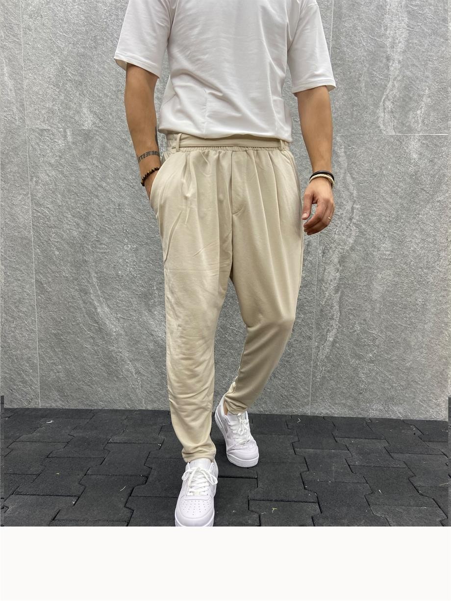 Havuç Kalıp Beli Lastikli Pileli Pamuk Örme Bej  Pantolon