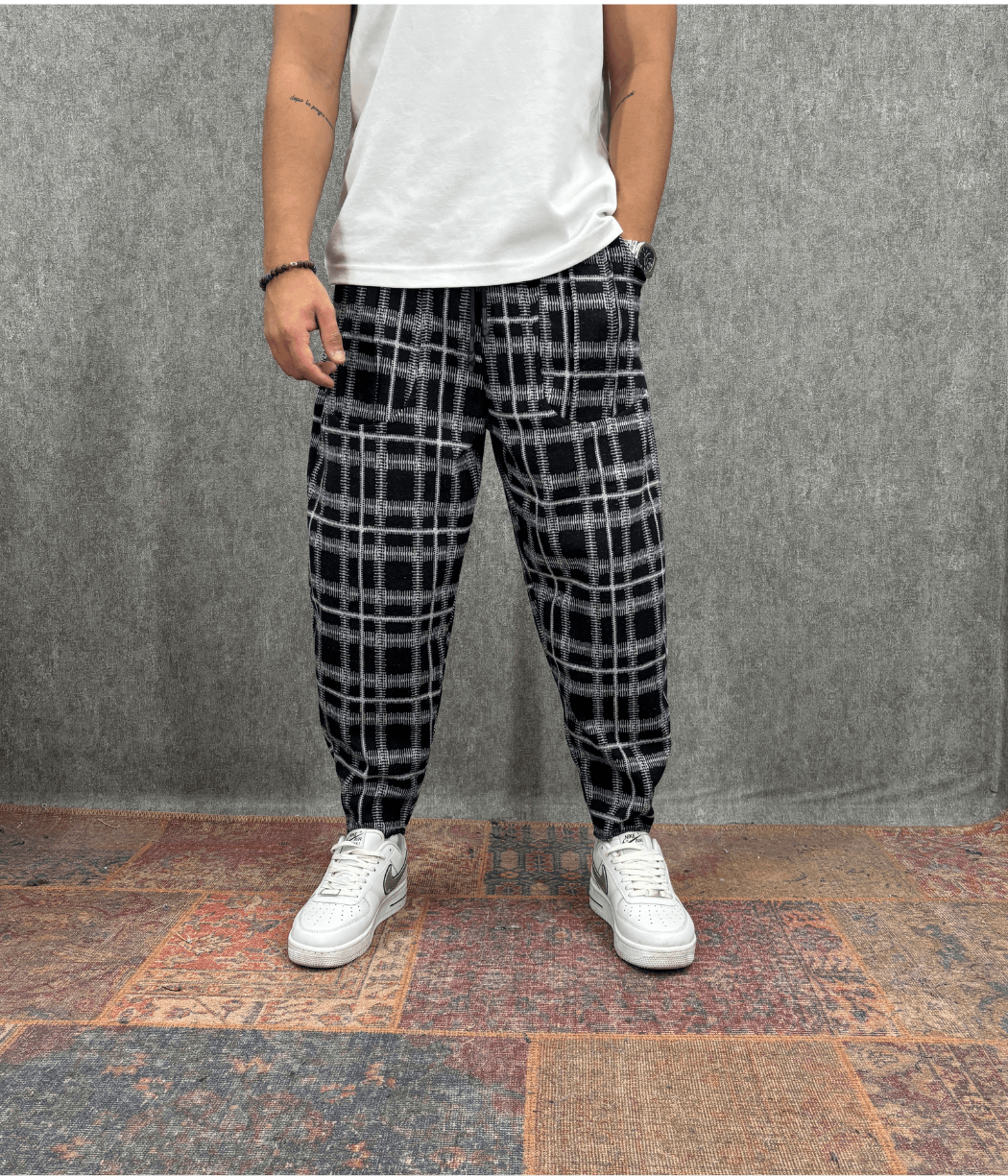 Beli Lastikli Cep Nervür Detaylı Ekoseli Baggy Pantolon 