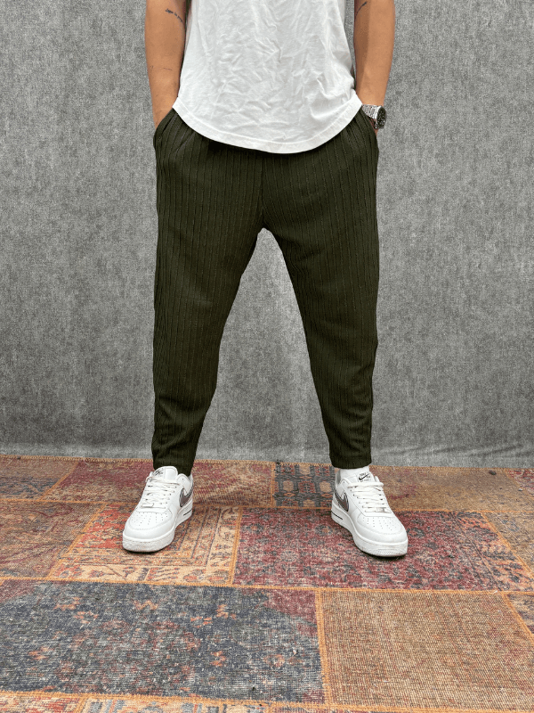 Beli Lastikli Bürümcük Kumaş Haki Baggy Pantolon