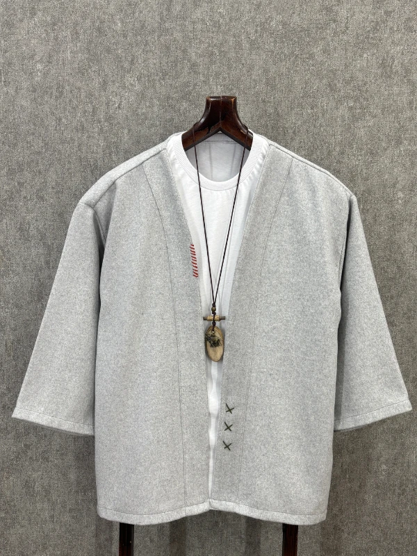 Oversize Fakir Kol Pamuklu El İşi Detaylı Gri Kimono 