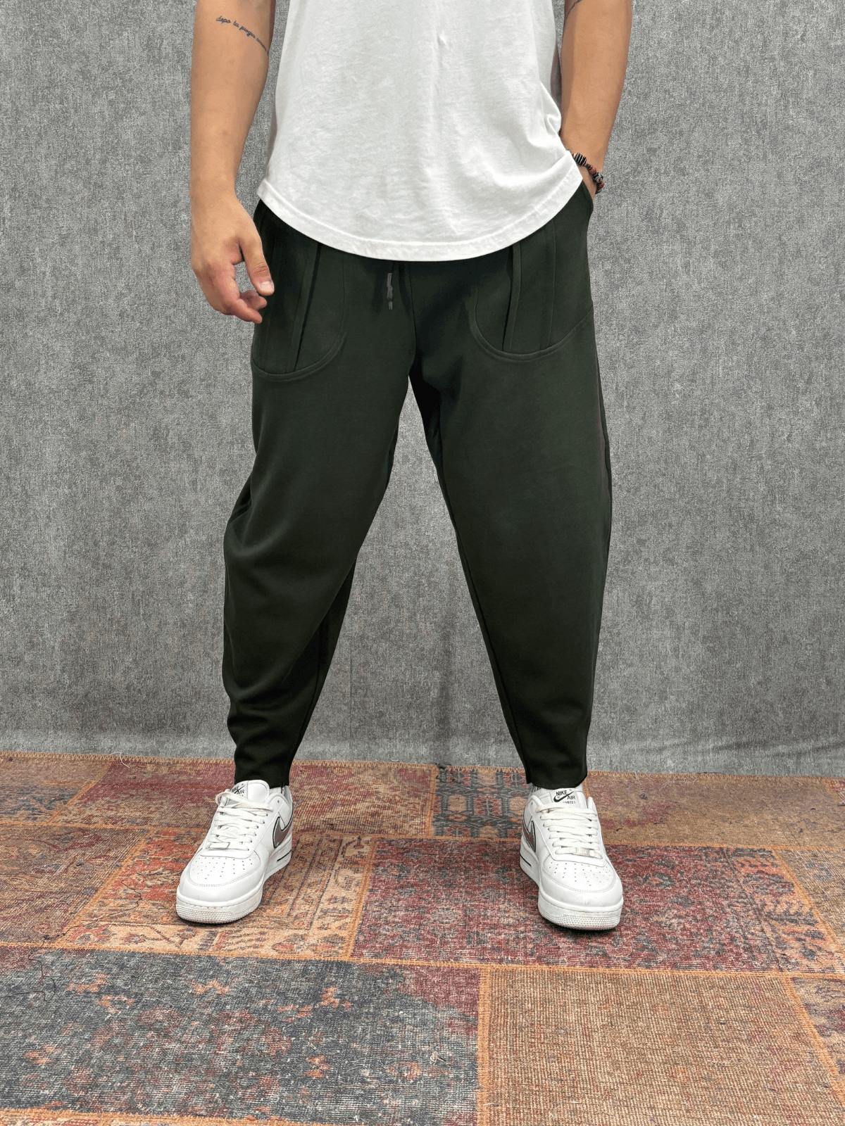 Beli Lastikli Cep Nervür Detaylı Koyu Haki Baggy Pantolon