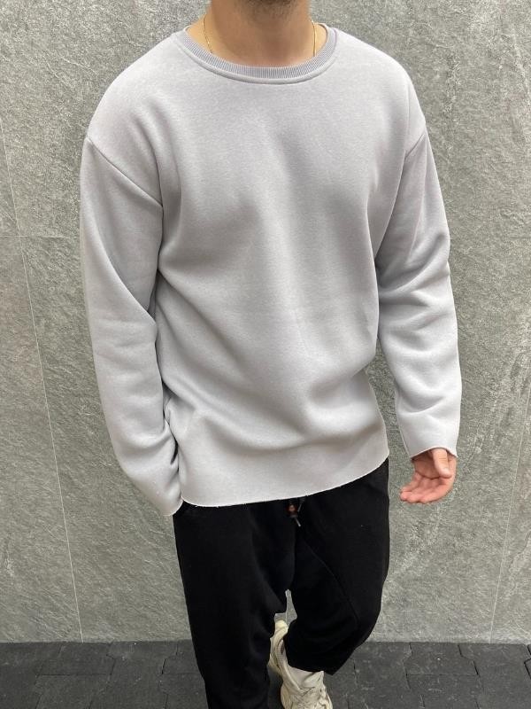 Oversize Pamuk Şardonlu Lazer Kesim Gri Sweatshirt