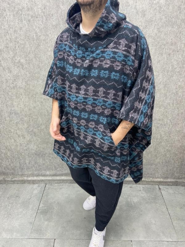 Oversize Kapüşonlu Kanguru Cepli Pamuklu Etnik Panço