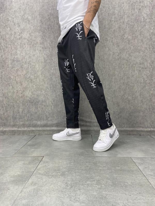 Beli Lastikli Desenli  Siyah Baggy Pantolon