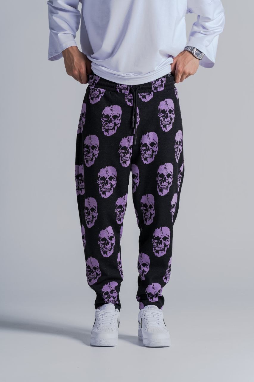 Beli Lastikli Skull Desenli Baggy Pantolon