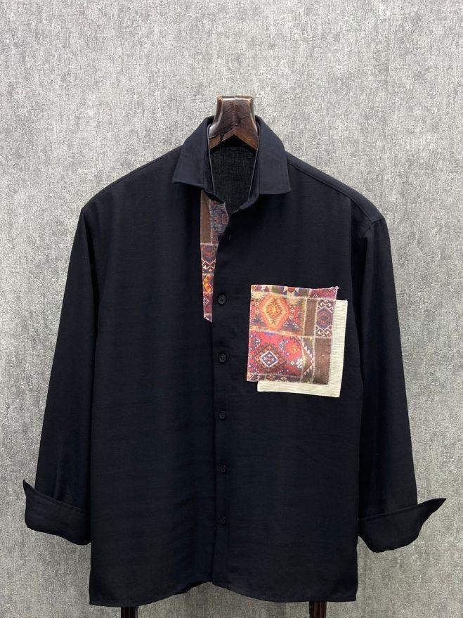 Oversize Soho Bohem Pamuk Dokuma Siyah  Gömlek