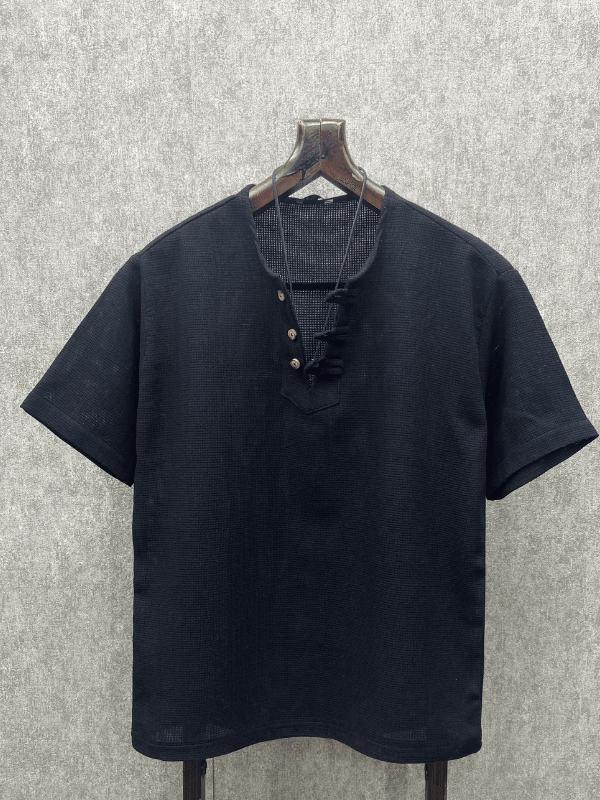 Oversize Bohem Yıkamalı Pamuk Keten Siyah Tshirt