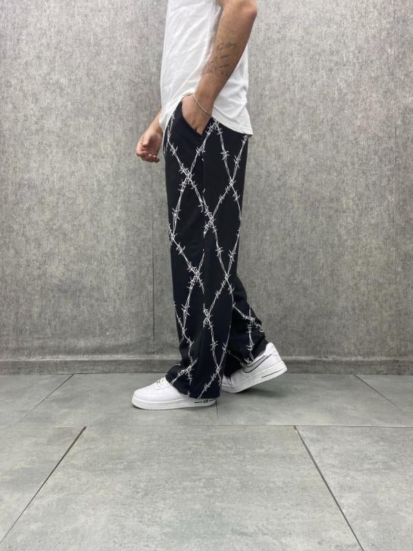 Beli Lastikli Stoperli Boru Paça Siyah  Desenli  Baggy Pantolon