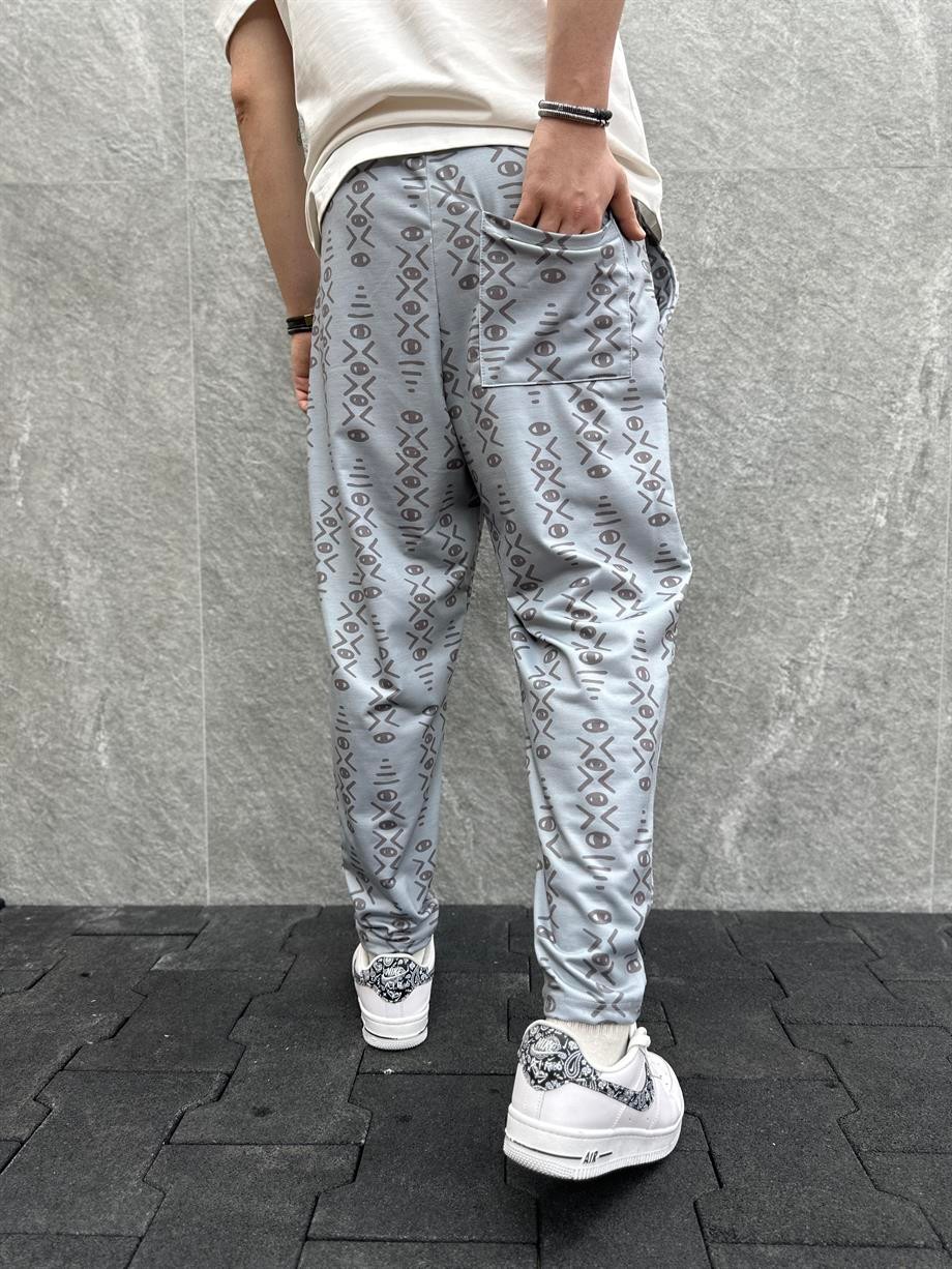 Beli Lastikli Aztek Desenli Baggy Pantolon