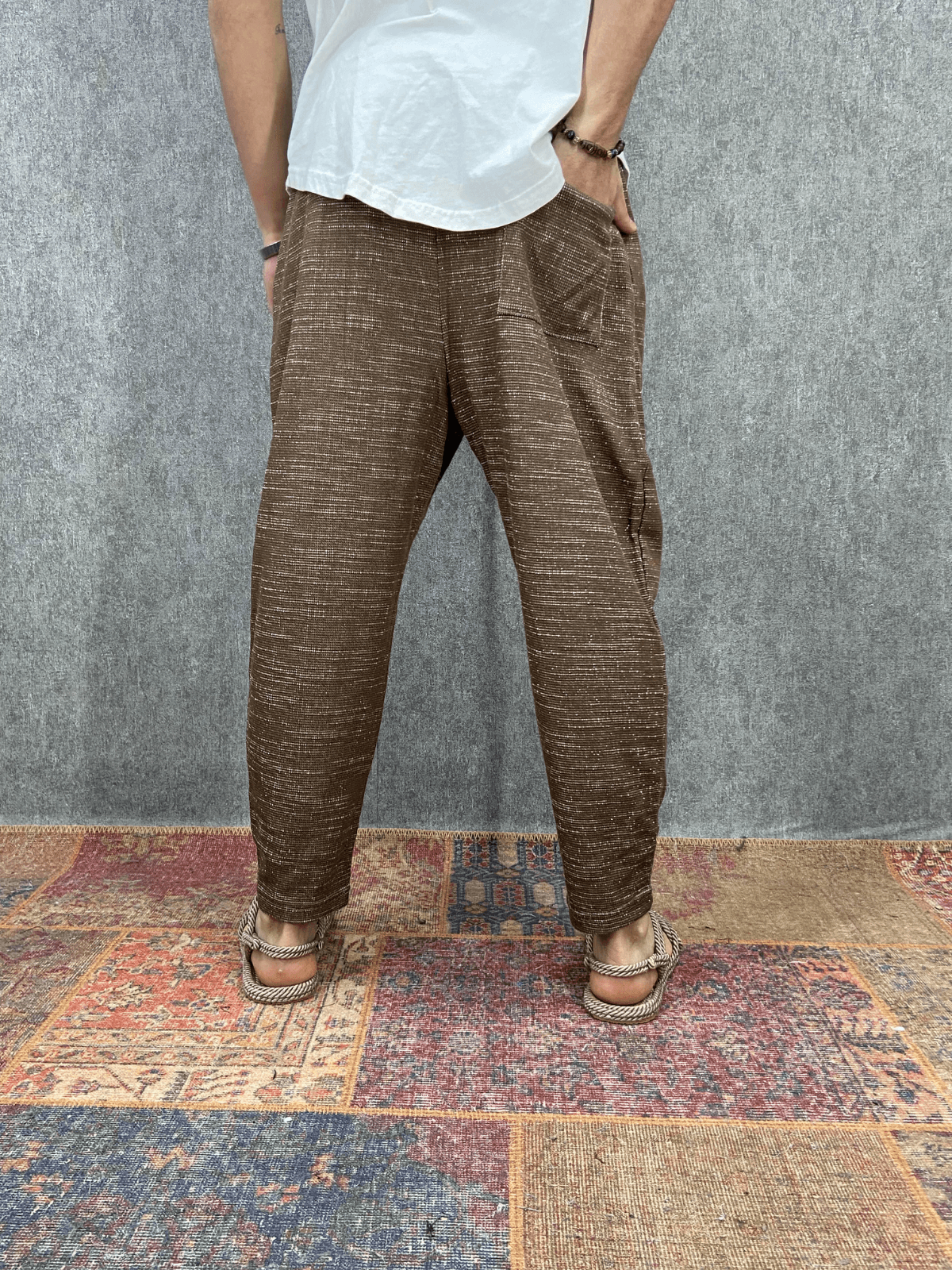 Beli Lastikli Pamuk Keten Kahverengi Baggy Pantolon 