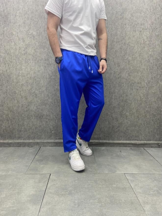 Rahat Kalıp  Beli Lastikli Bilek Paça Pamuk Viscon Mavi  Pantolon