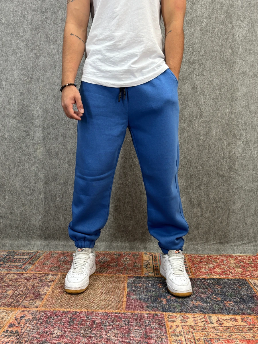 Beli Lastikli Üç İplik Mavi Jogger