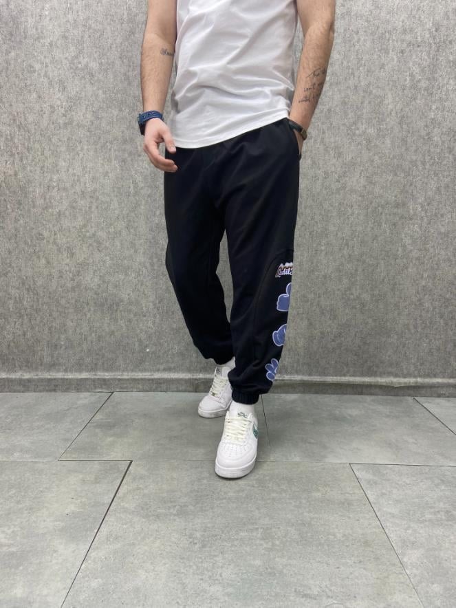 Rahat Kalıp Baskılı Pamuk Örme Siyah  Jogger