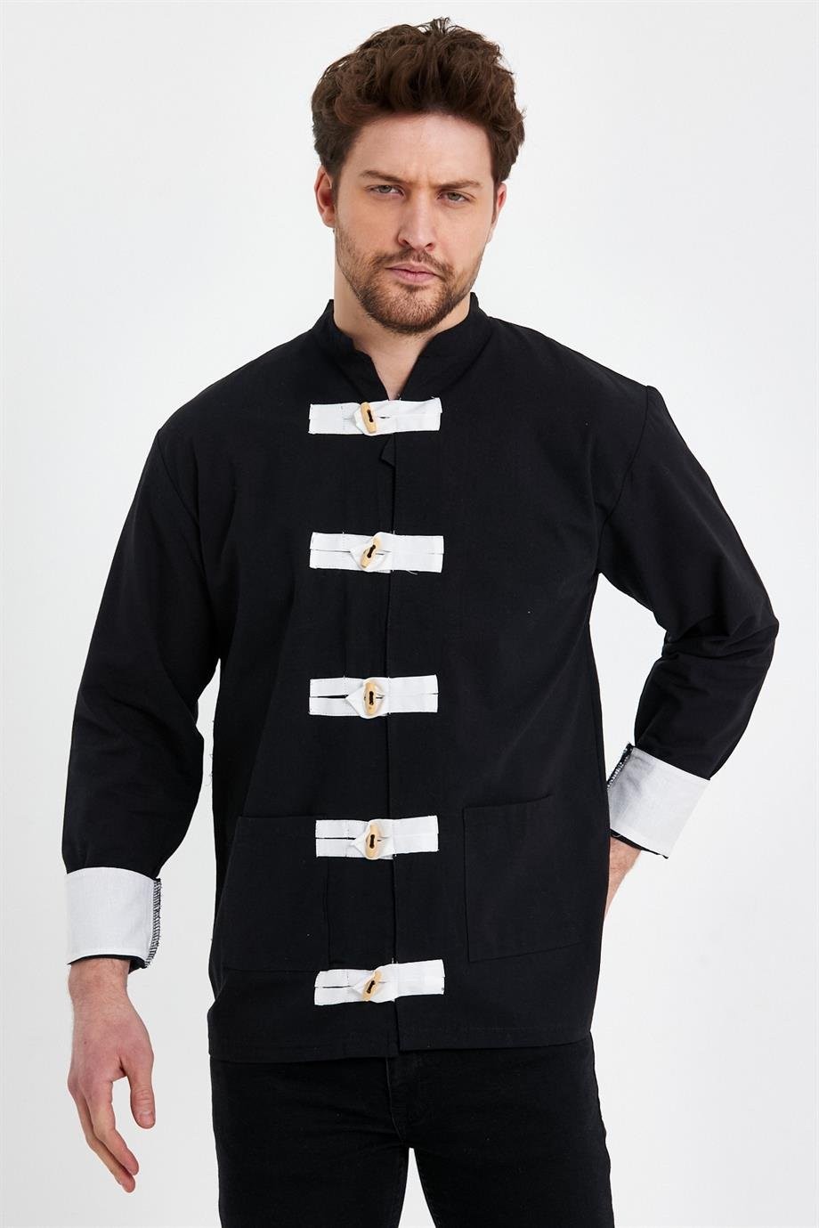 Oversize Hakim Yaka Tokyo Pamuk Keten Siyah Gömlek
