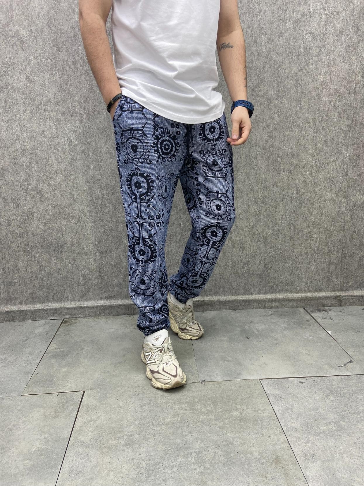 Beli Lastikli Aztek Desenli Pamuklu Kışlık Mavi Kaşe Pantolon
