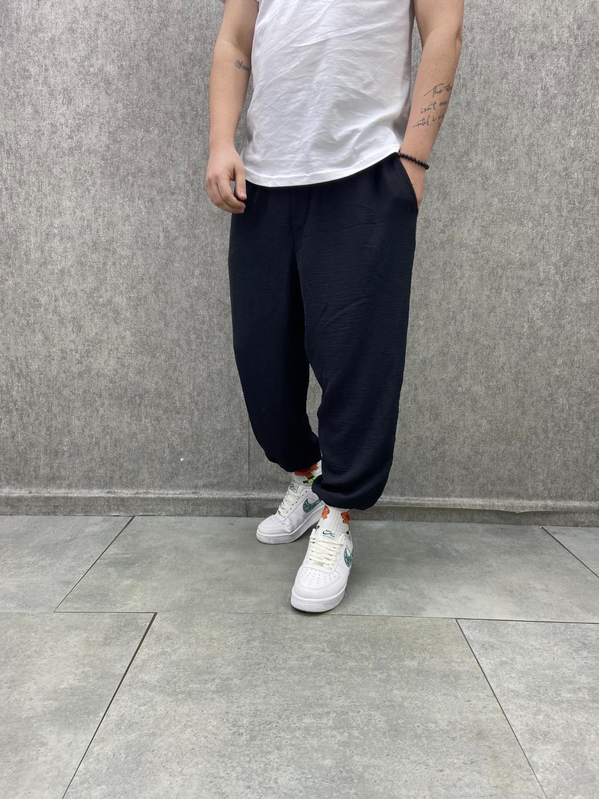 Beli Lastikli Viscon Linen Kumaş Siyah Yarım Şalvar