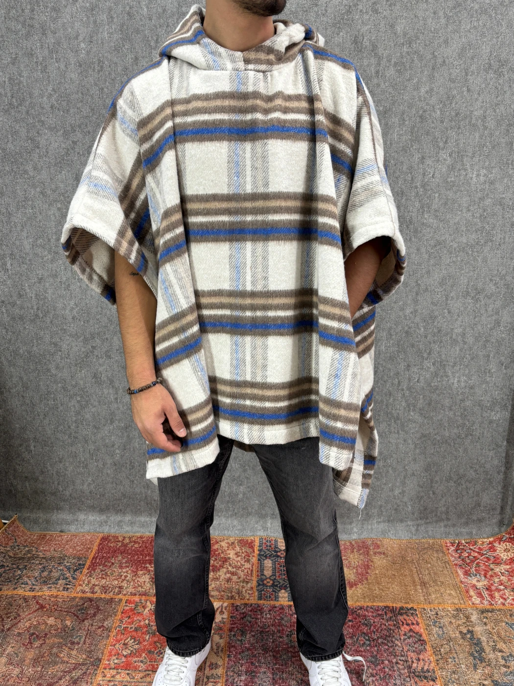 Oversize Kapüşonlu Desenli  Panço