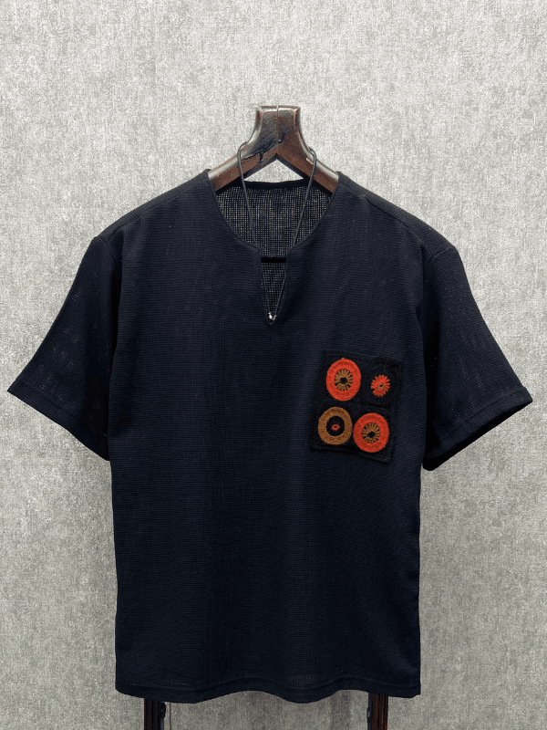 Oversize Etnik Cepli Yıkamalı Pamuk Keten Bohem Siyah Tshirt