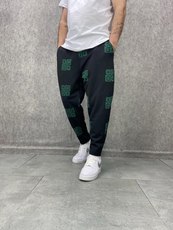 Beli Lastikli Desenli  Siyah Baggy Pantolon