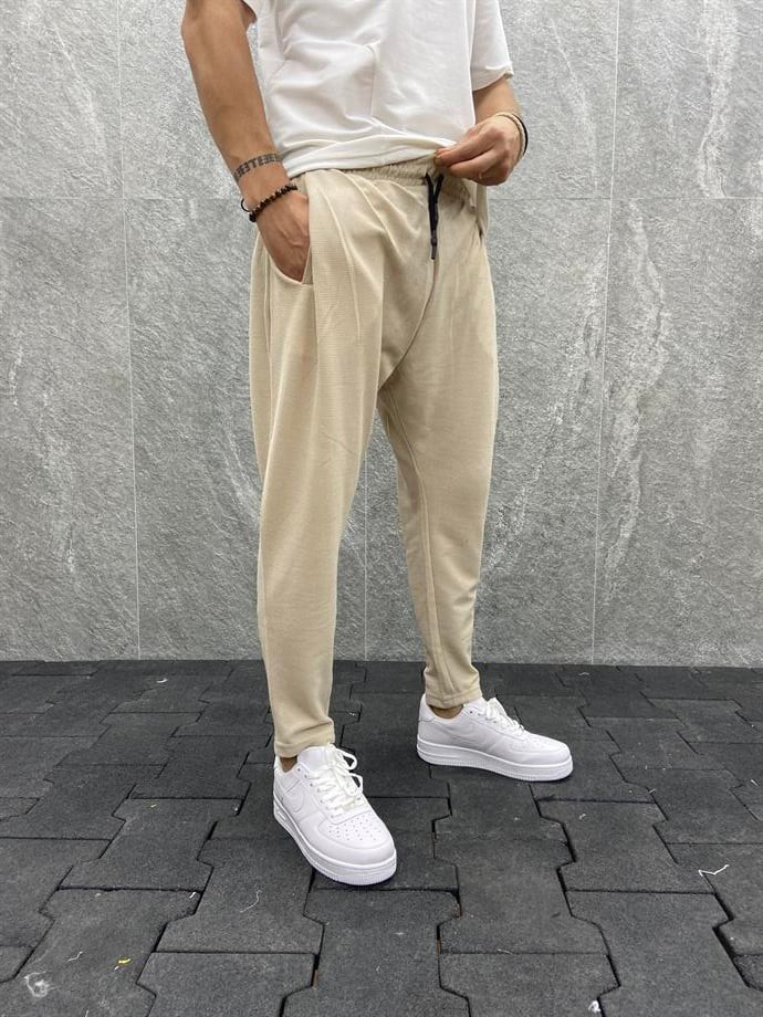 Havuç Kalıp Beli Lastikli Pileli Pamuk Örme Toprak  Pantolon