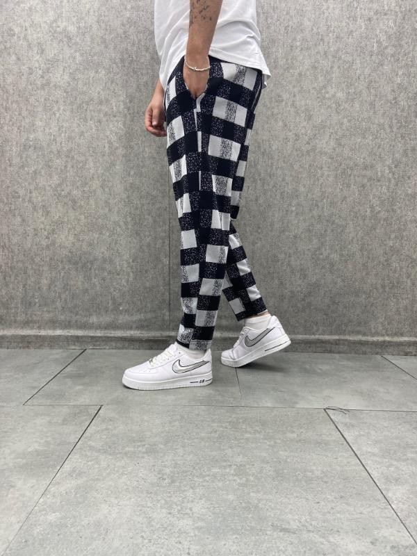 Beli Lastikli Bohem Baggy Ekoseli Pantolon