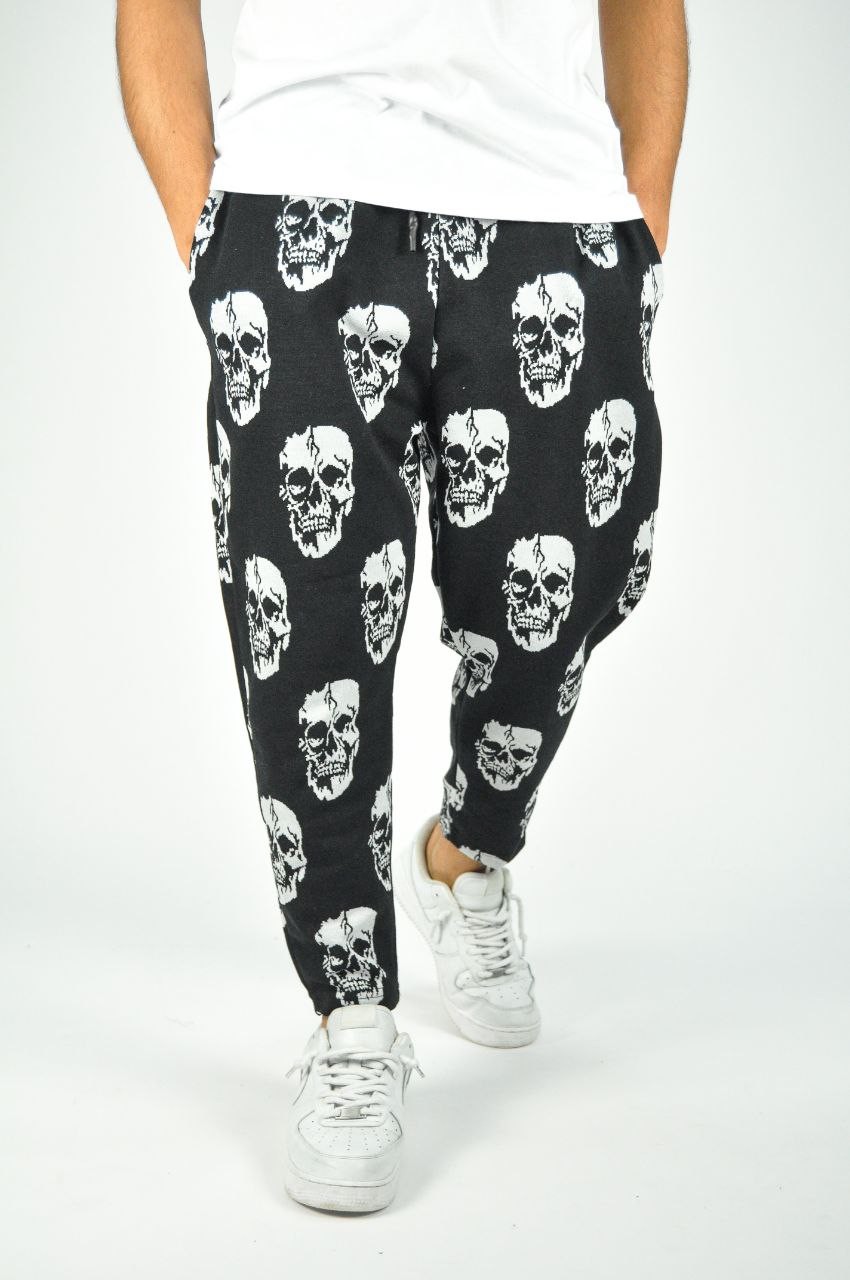 Beli Lastikli Skull Desenli Baggy Pantolon