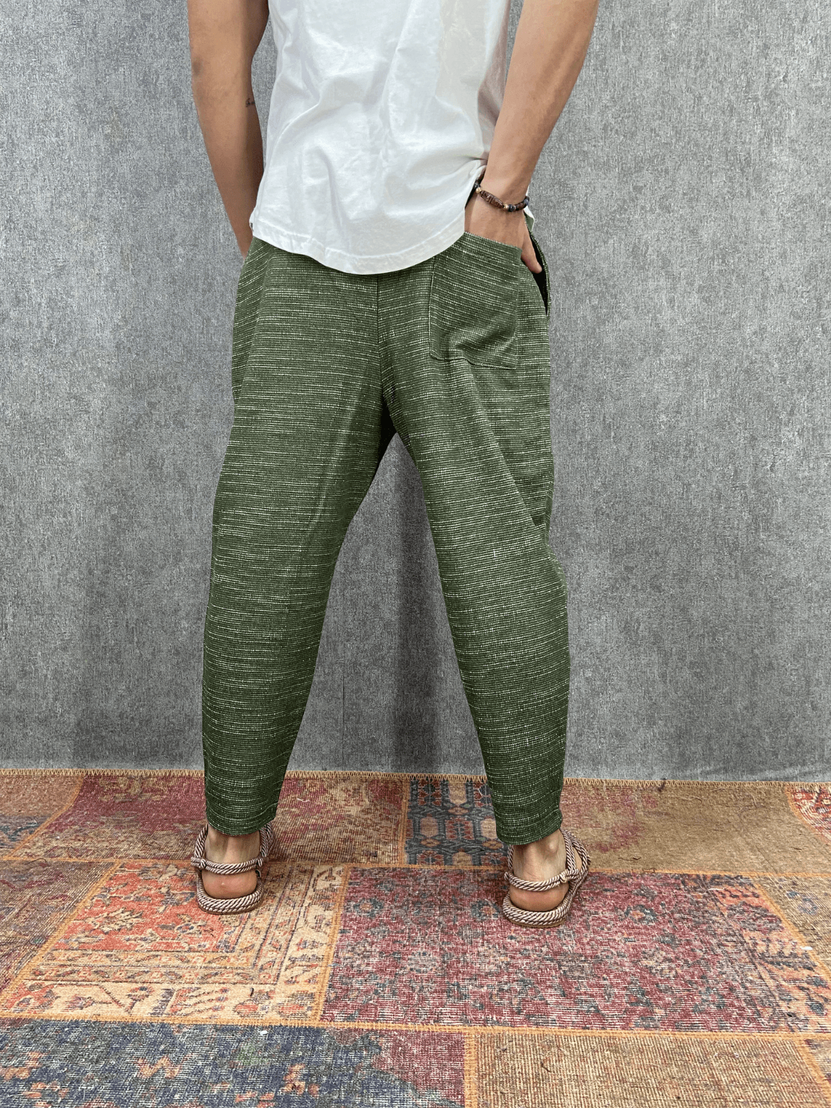 Beli Lastikli Pamuk Keten Haki Baggy Pantolon 