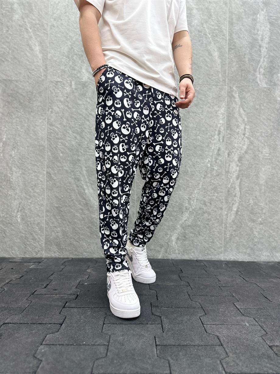 Beli Lastikli Skull Desenli Siyah  Baggy Pantolon