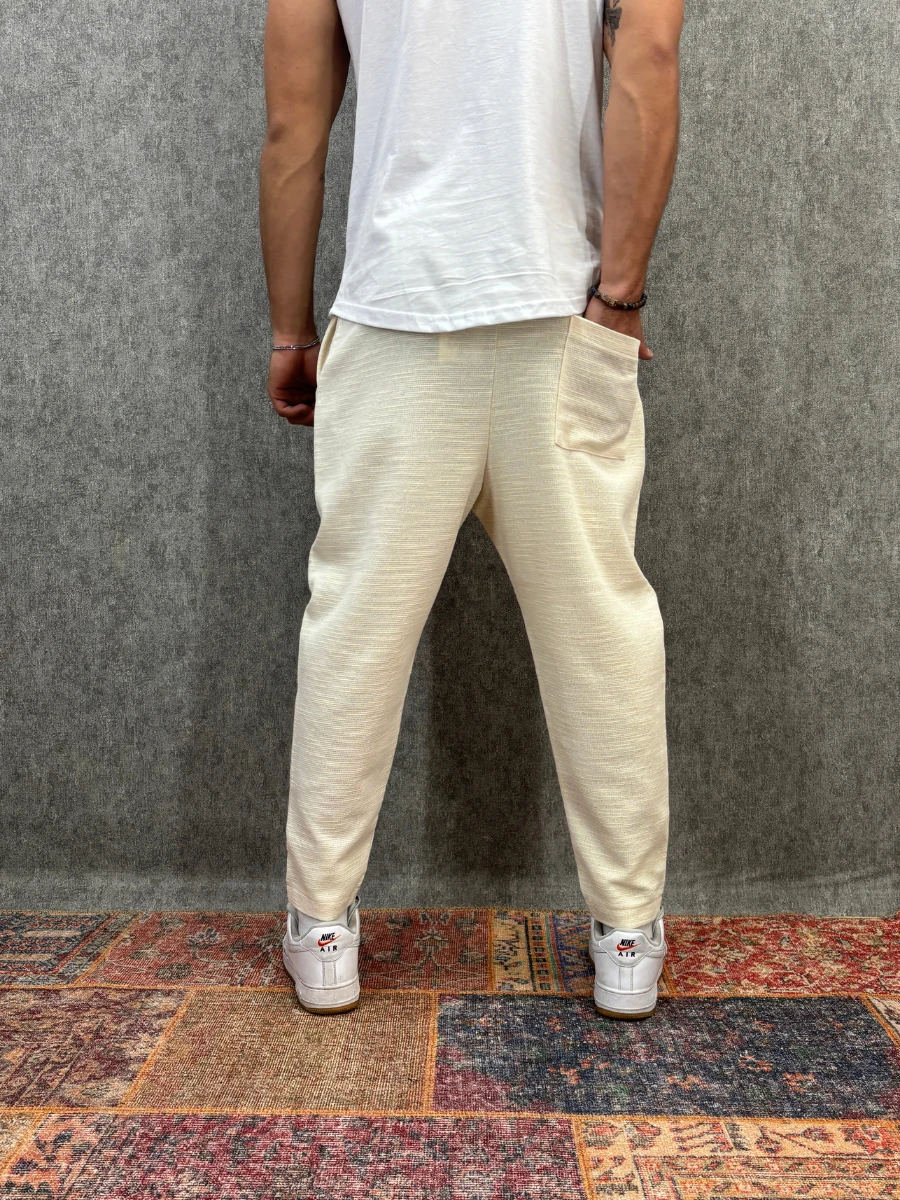 Beli Lastikli Likralı Krem Baggy Pantolon