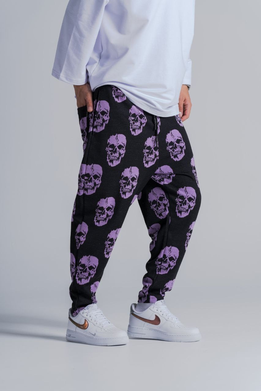 Beli Lastikli Skull Desenli Baggy Pantolon