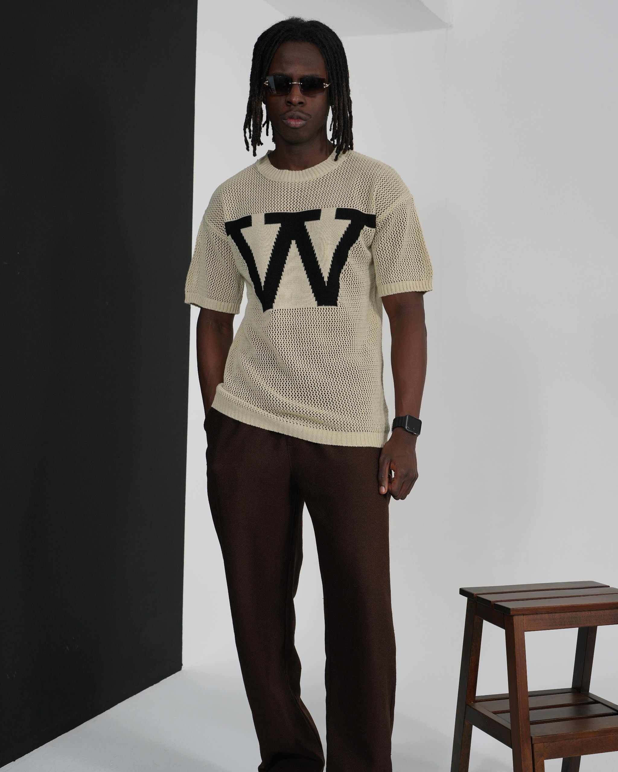 Oversize Delikli Bej Triko Tshirt