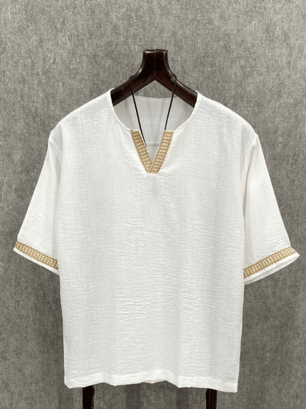 Oversize Hasır Şeritli Bohem Beyaz Pamuklu Tshirt 