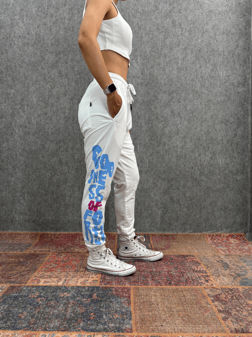Bel ve Paça Lastikli Baskılı Beyaz Jogger