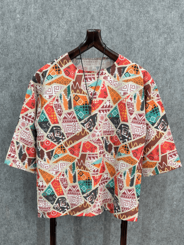 Oversize Desenli Pamuk Keten Bohem Tshirt