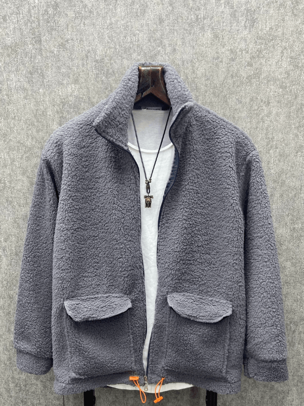 Oversize Fermuarlı Gri Peluş Sweatshirt