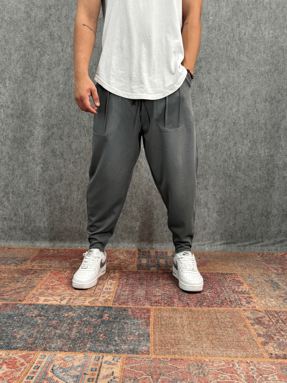 Beli Lastikli Cep Nervür Detaylı Koyu Gri Baggy Pantolon