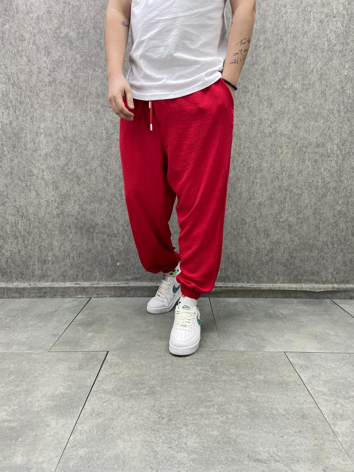 Beli Lastikli Viscon Linen Kumaş Kırmızı Yarım Şalvar