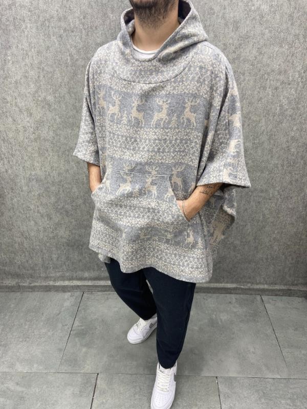 Oversize Kapüşonlu Kanguru Cepli Pamuklu Etnik Panço