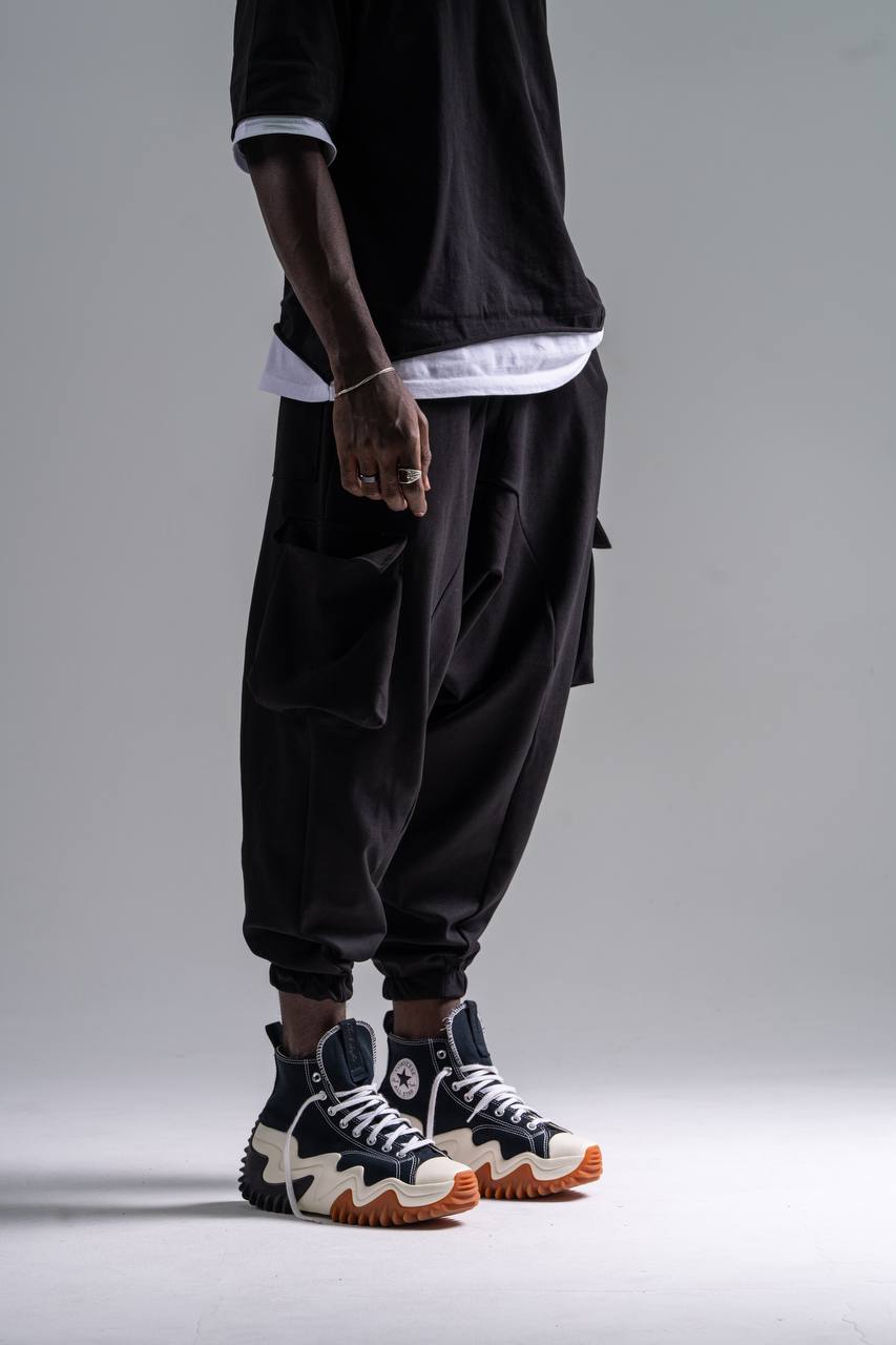 Beli Lastikli Kargo Cepli Siyah Şalvar