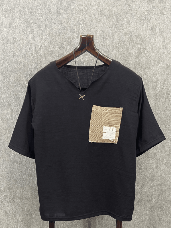 Oversize El İşi Detaylı Bohem Pamuklu Siyah Tshirt 