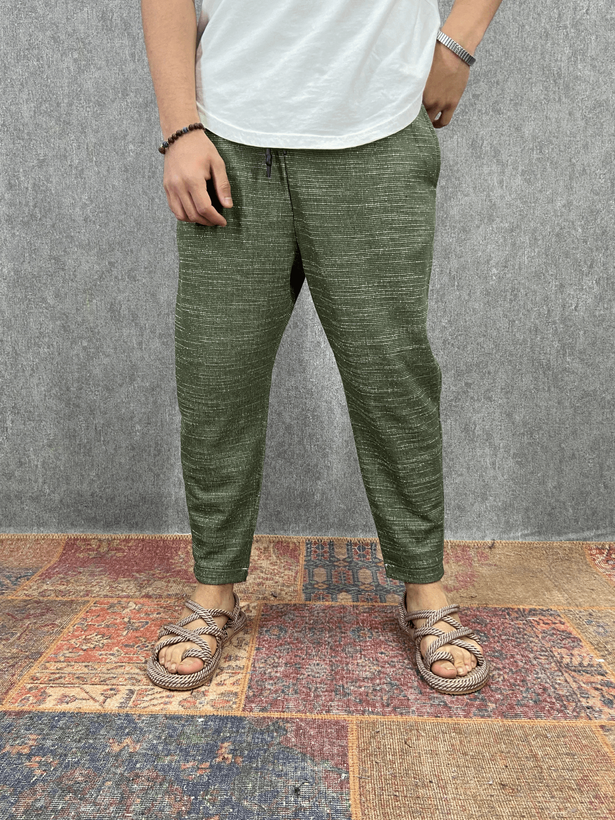Beli Lastikli Pamuk Keten Haki Baggy Pantolon 