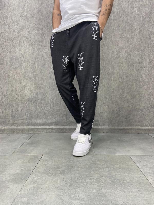 Beli Lastikli Desenli  Siyah Baggy Pantolon