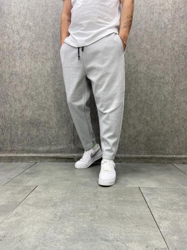 Beli Lastikli Düz Paça Gri Baggy Pantolon