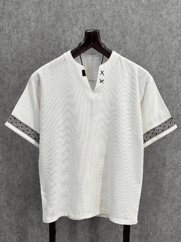 Oversize El İşi Detaylı Pamuk Keten Kırık Beyaz  Tshirt