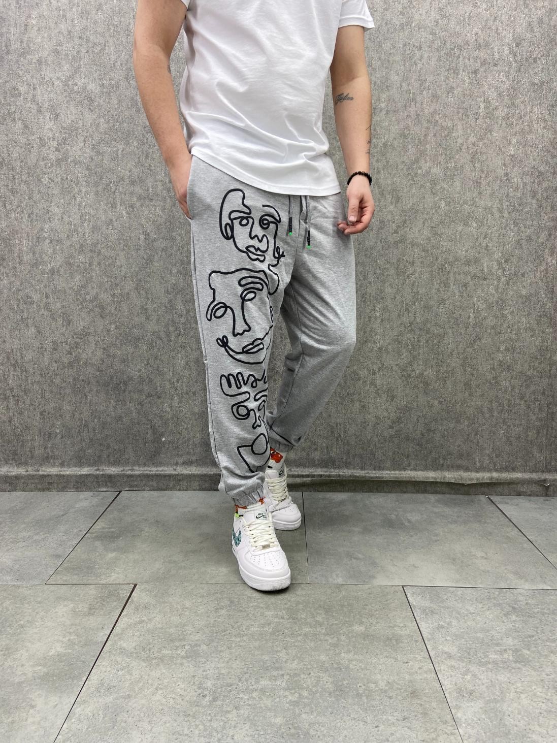 Bel ve Paça Lastikli Figure Baskılı Pamuk Örme Gri Jogger