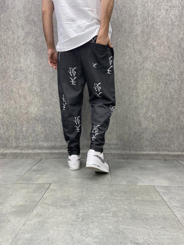Beli Lastikli Desenli  Siyah Baggy Pantolon
