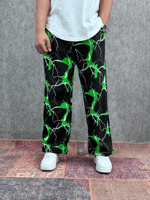 Beli Lastikli Boru Paça Desenli Baggy Pantolon 