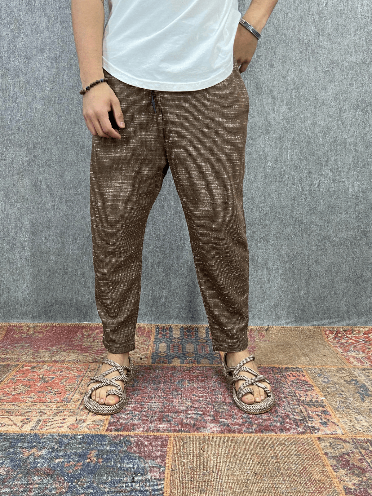 Beli Lastikli Pamuk Keten Kahverengi Baggy Pantolon 